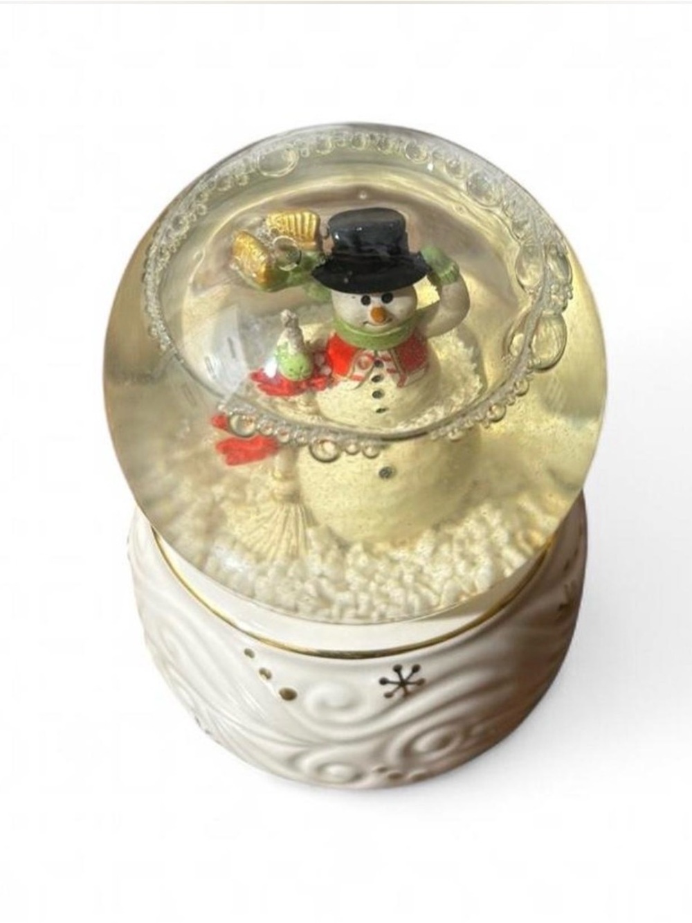 Vintage Lenox White Snowman Snow Globe Ceramic Swirl base 7”